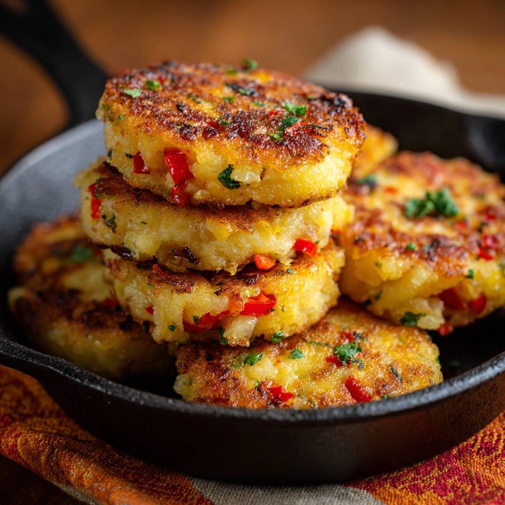 Knusprige Kartoffelpuffer mit Paprika und Mais, gestapelt in einer Eisenpfanne mit frischer Petersilie garniert.