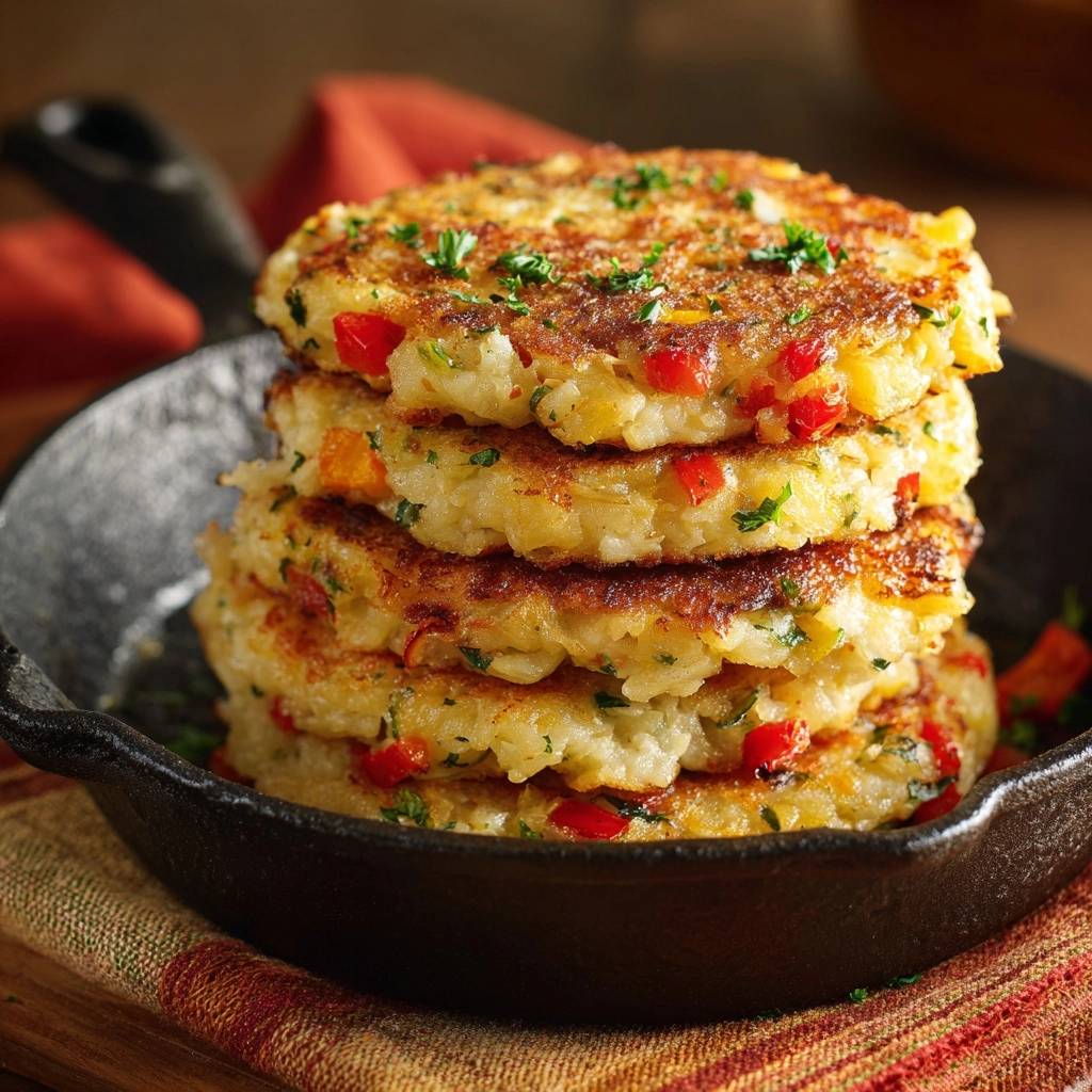 Knusprige Kartoffelpuffer mit Paprika & Mais als Stapel in einer Gusseisenpfanne serviert, garniert mit Petersilie.