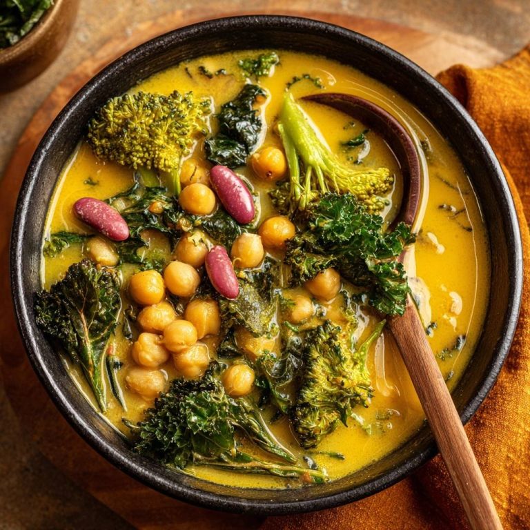 Cremiges Kichererbsen-Brokkoli-Curry in einer schwarzen Schüssel mit einem Holzlöffel, Nahaufnahme der Zutaten.