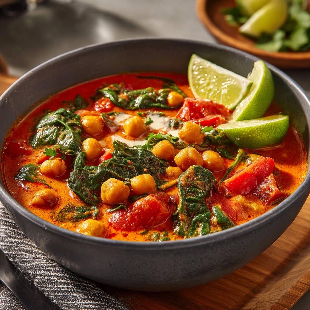 Cremiges Kichererbsen-Spinat-Curry mit Spinat, Kichererbsen und Tomaten, garniert mit Limettenspalten.