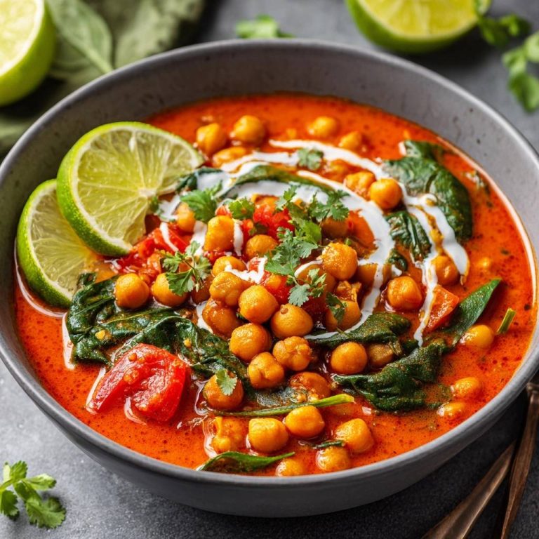 Cremiges Kichererbsen-Spinat-Curry mit Kokosmilch und Limettenspalten, garniert mit frischem Koriander.