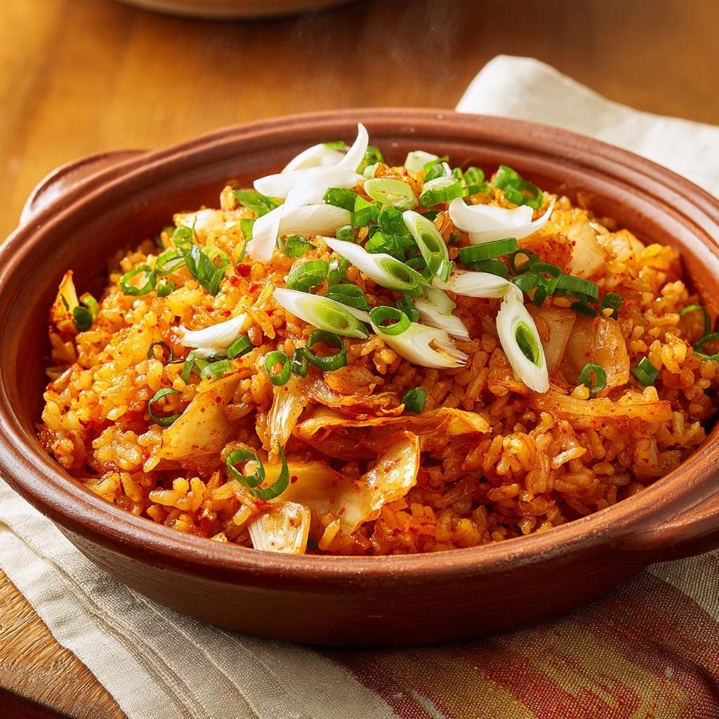Knuspriger Kimchi-Gebratener Reis, serviert in einer Tonschüssel und garniert mit Lauchzwiebeln.