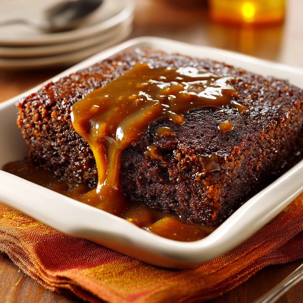Klebriger Dattel-Toffee-Pudding mit einer köstlichen Karamellglasur, die über den Rand des Puddings tropft.