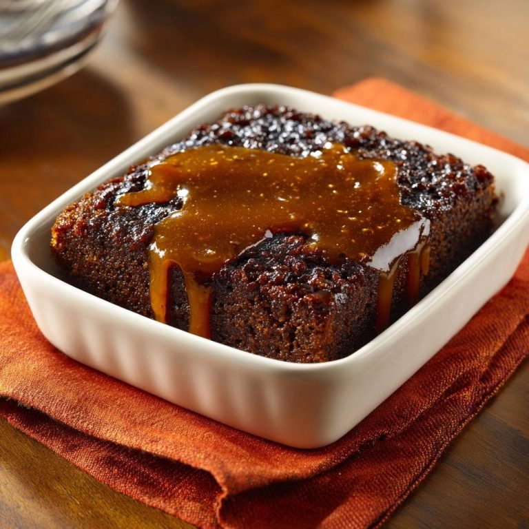 Klebriger Dattel-Toffee-Pudding mit einer glänzenden Karamellglasur, die über den Rand tropft, serviert in einer weißen Schale.