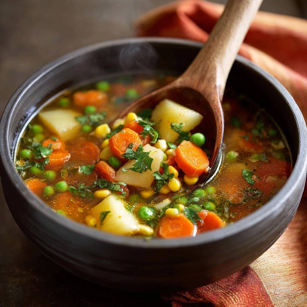 Knackige Gemüsesuppe mit Karotten, Erbsen und Mais, serviert mit einem Holzkochlöffel, der die frischen Zutaten zeigt.
