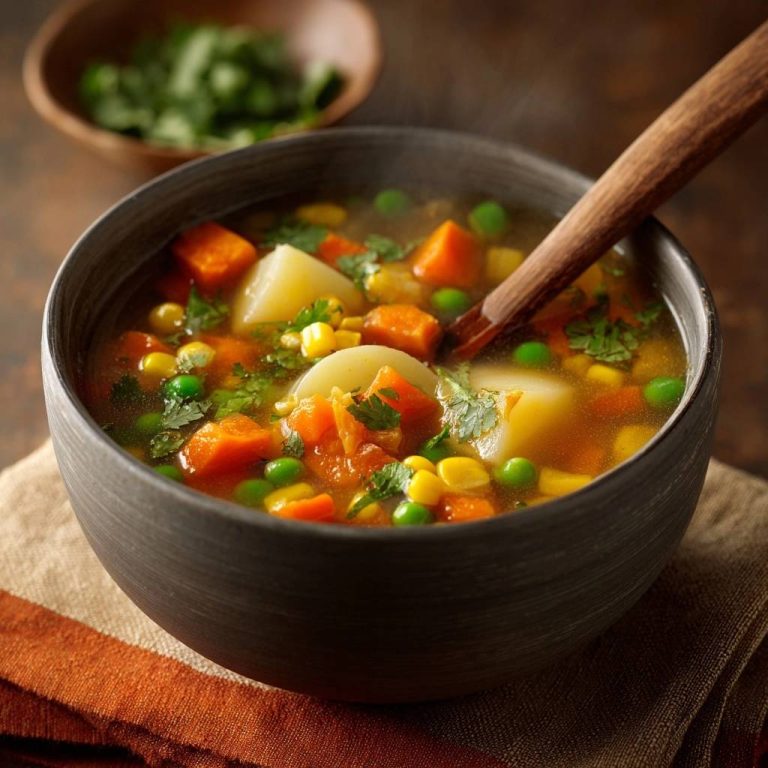 Knackige Gemüsesuppe mit Karotten, Erbsen & Mais, serviert in einer Schüssel mit einem Holzlöffel, Dampf steigt auf