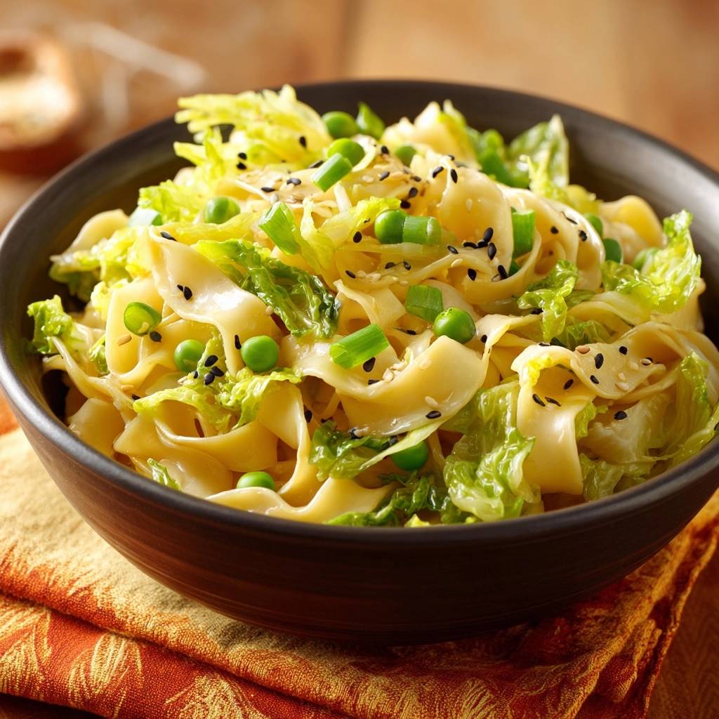 Knackiger asiatischer Nudelsalat mit feiner Garnitur aus Frühlingszwiebeln und Sesam in einer Schüssel.