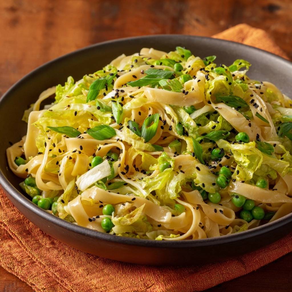 Knackiger asiatischer Nudelsalat mit Erbsen, Lauchzwiebeln und Sesam in einer Schüssel, Nahaufnahme