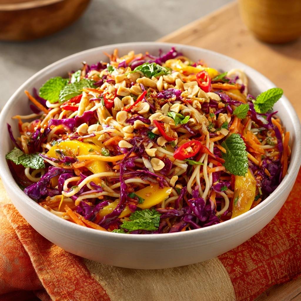 Knackiger asiatischer Kraut-Mango-Nudel-Salat, garniert mit Erdnüssen und Minze, in einer Schüssel angerichtet.