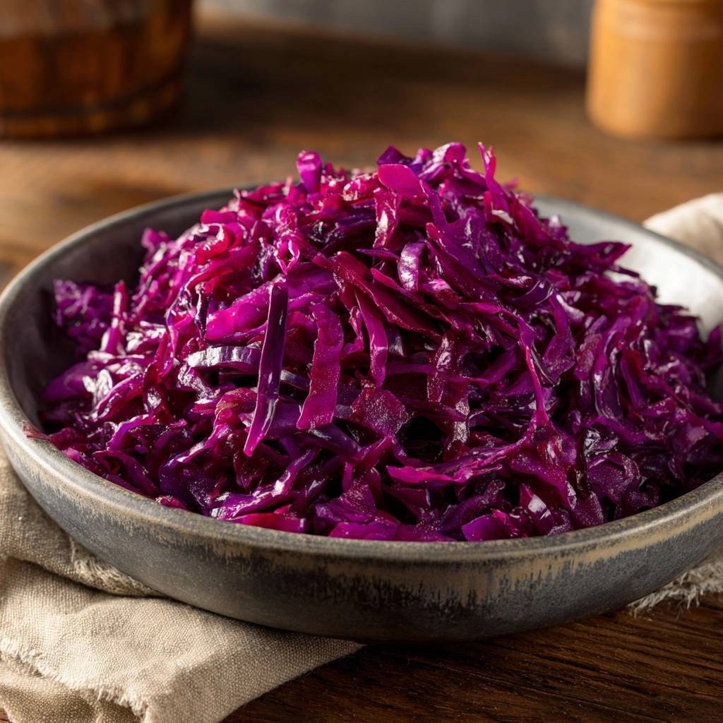 Knackiger Rotkraut-Salat als Nahaufnahme in einer Schüssel auf rustikalem Holztisch serviert