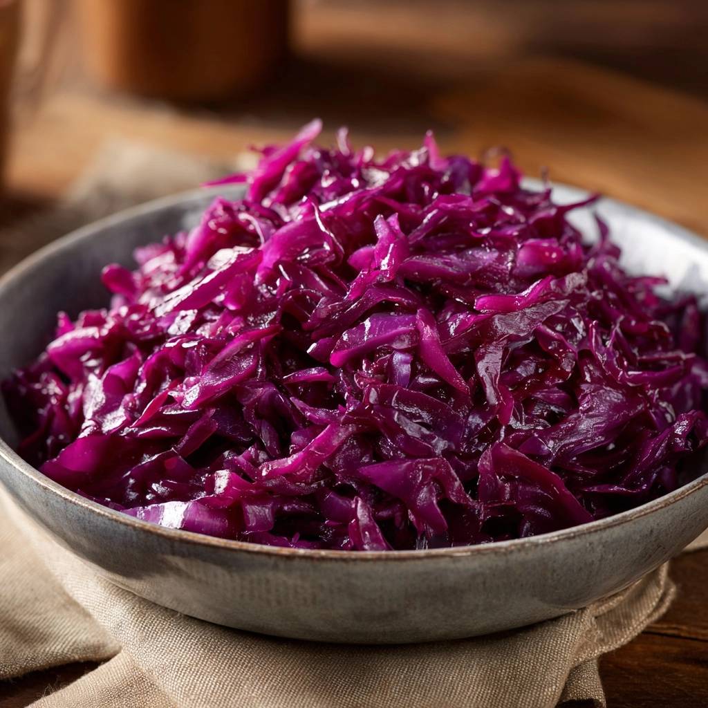 Knackiger Rotkraut-Salat in einer Schüssel, Nahaufnahme der Textur und des glänzenden Looks, frisch zubereitet.