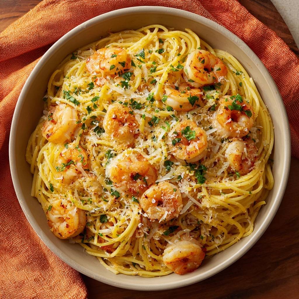Knoblauch-Garnelen-Spaghetti mit viel Parmesan und Petersilie, von oben fotografiert und garniert.