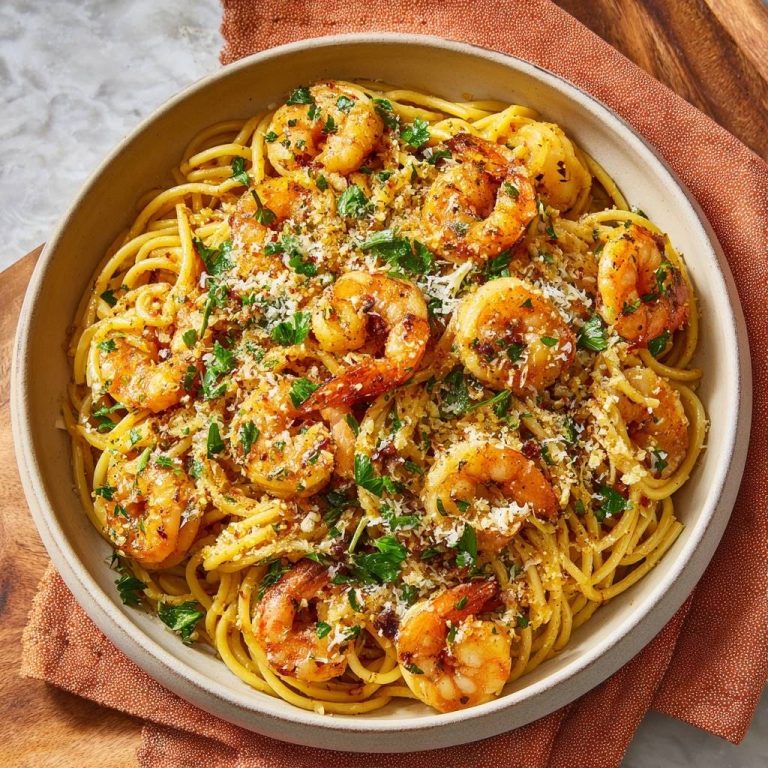 Knoblauch-Garnelen-Spaghetti: Saftige Garnelen garantiert, serviert in einer Schüssel aus der Vogelperspektive mit frischer Petersilie und Parmesan.