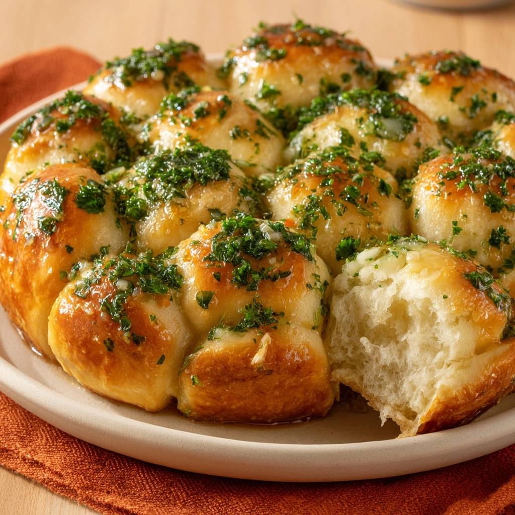 Knoblauch-Petersilie Pull-Apart Brötchen angeschnitten, mit Kräutern und knuspriger Kruste, auf einem Teller serviert.