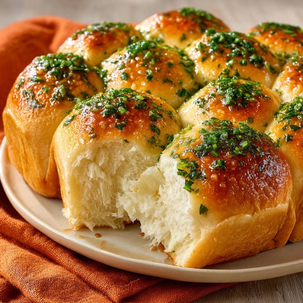 Knoblauch-Petersilie Pull-Apart Brötchen, angeschnitten, zeigen das weiche Innere und die glänzende Kräuter-Butter-Glasur.