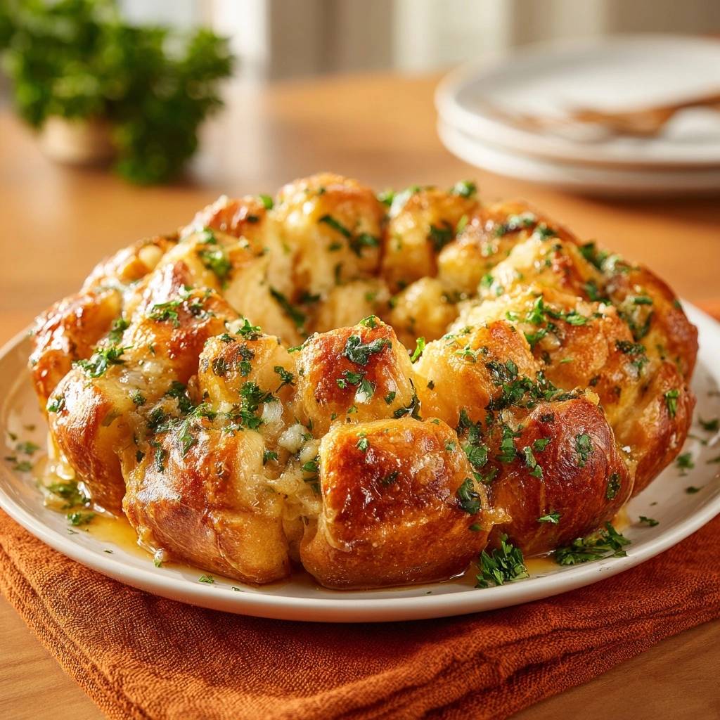Knoblauch-Pull-Apart-Brot, ein goldbraunes, gebackenes Brot, das mit frischer Petersilie und Knoblauchsauce garniert ist.