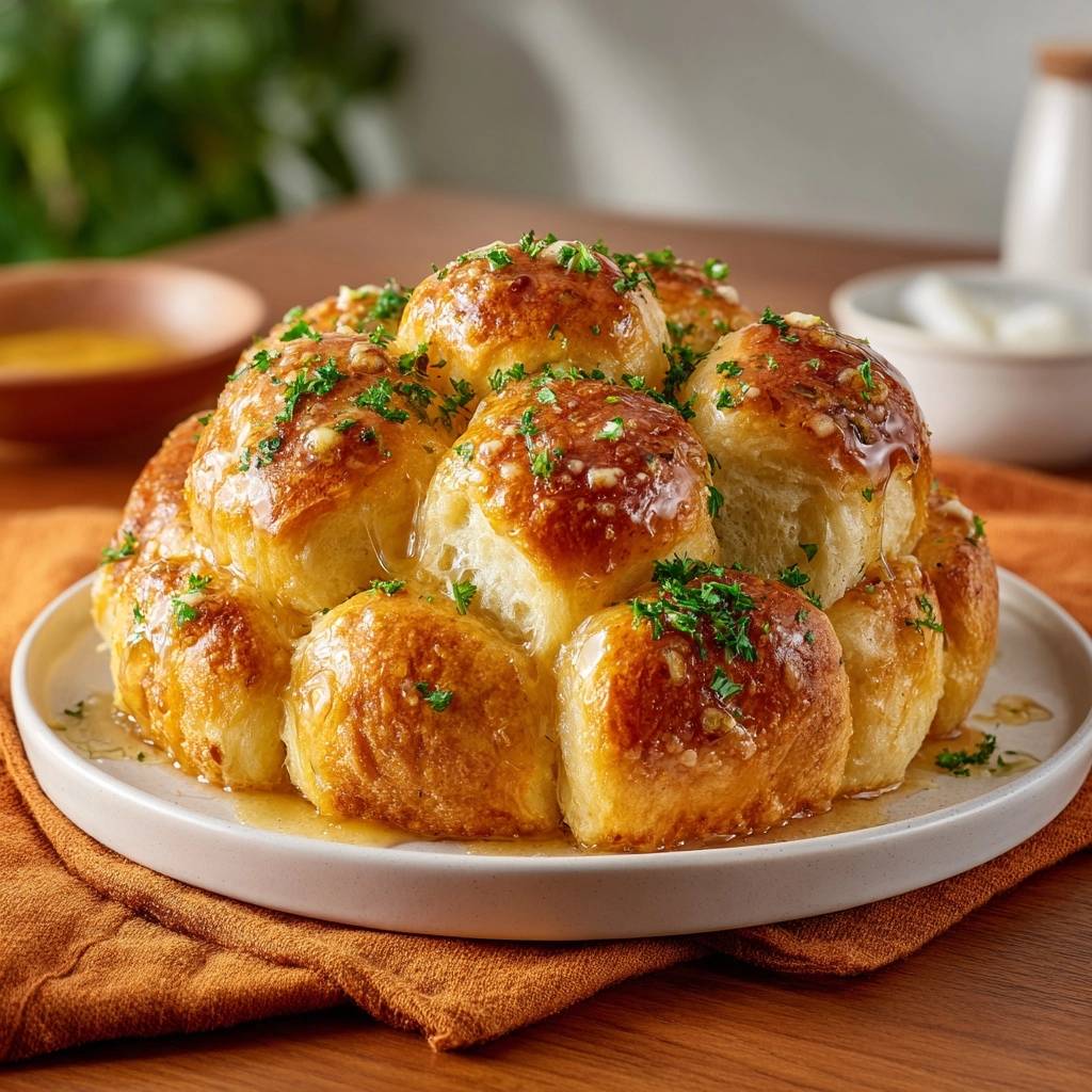 Knoblauch-Pull-Apart-Brot glasiert mit Kräutern und Butter auf einem Teller, frisch serviert