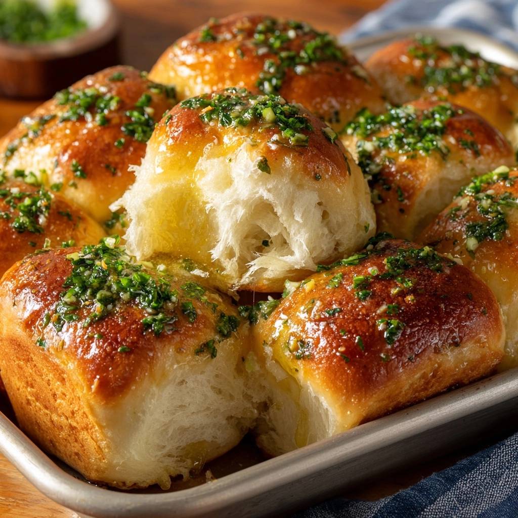 Knoblauchbutter-Pull-Apart-Brötchen, ein einzelnes Brötchen ist angeschnitten und zeigt das weiche Innere mit geschmolzener Butter und Kräutern.