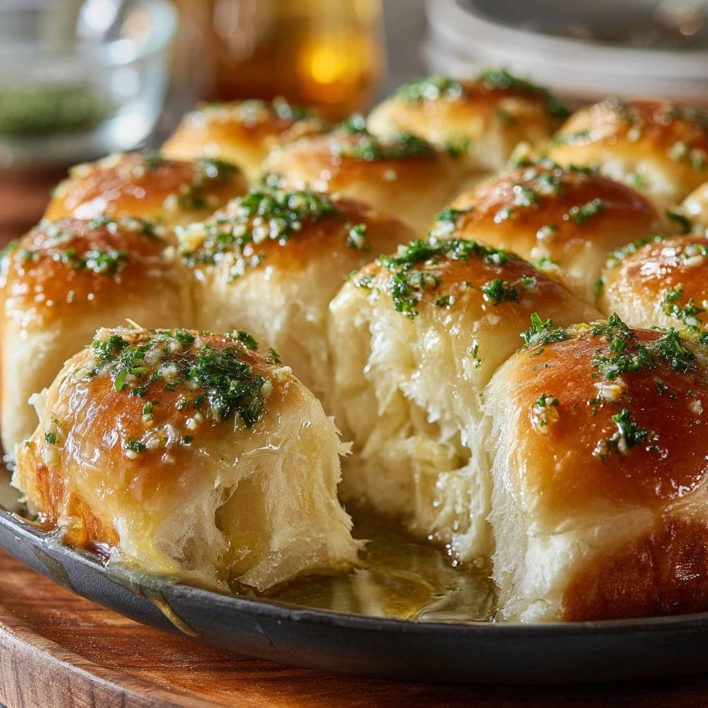 Knoblauchbutter-Pull-Apart-Brötchen angeschnitten, die saftigen, goldenen Brötchen sind mit Knoblauch und Kräutern bestreut und in Butter getunkt.