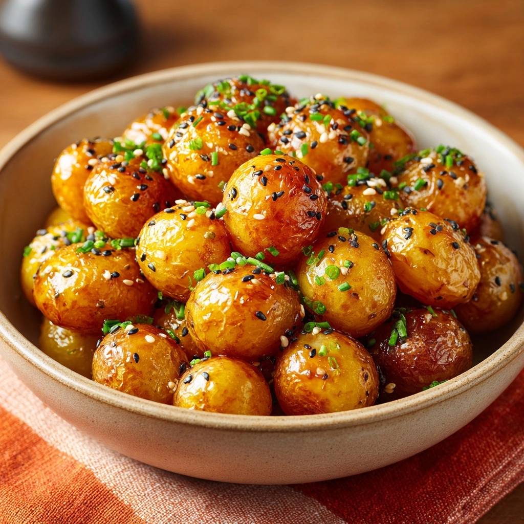 Knusprig glasierte Babykartoffeln, garniert mit Sesam und Schnittlauch, serviert in einer Schüssel.