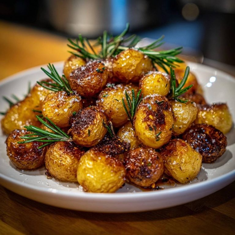 Knusprige Babykartoffeln mit Rosmarin, garniert mit frischen Kräutern und grobem Salz, auf einem weißen Teller serviert.