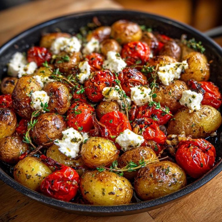 Knusprige Babykartoffeln mit Tomaten, Thymian & Feta, detailreiche Nahaufnahme mit geschmolzenem Feta und frischen Kräutern.