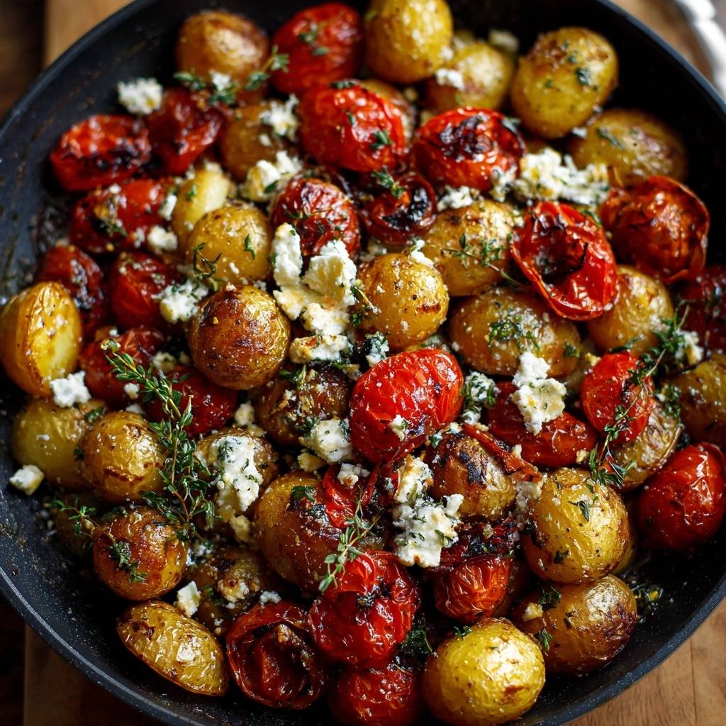 Knusprige Babykartoffeln mit Tomaten, Thymian & Feta, eine Nahaufnahme des Gerichts in einer Pfanne mit zerbröseltem Feta und frischem Thymian.