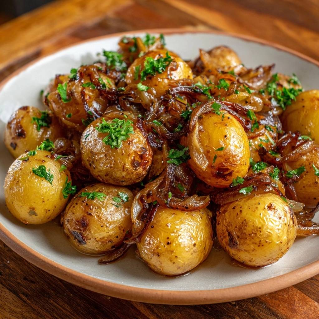 Knusprige Babykartoffeln mit Zwiebeln als Nahaufnahme, garniert mit frischer Petersilie auf einem Teller.