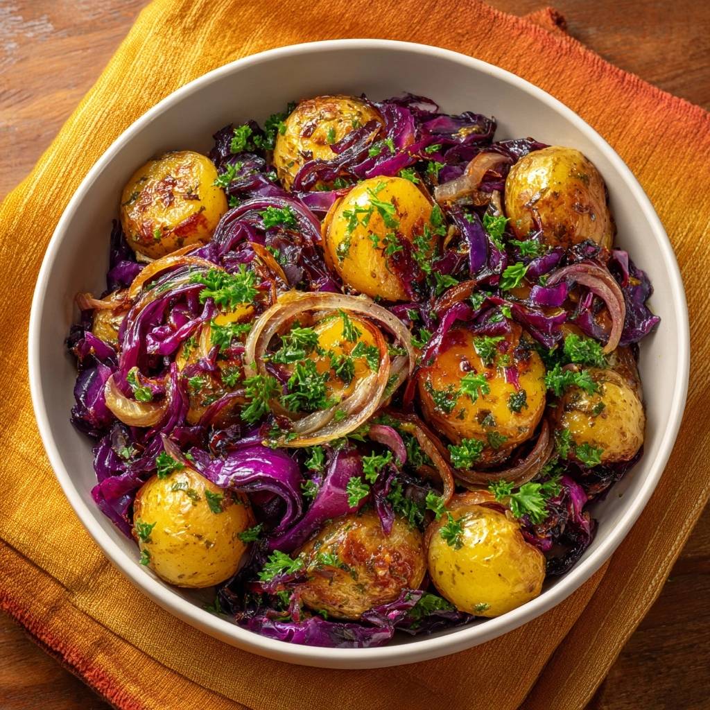 Knusprige Babykartoffeln mit Rotkohl und Zwiebeln als Nahaufnahme mit frischer Petersilie garniert.