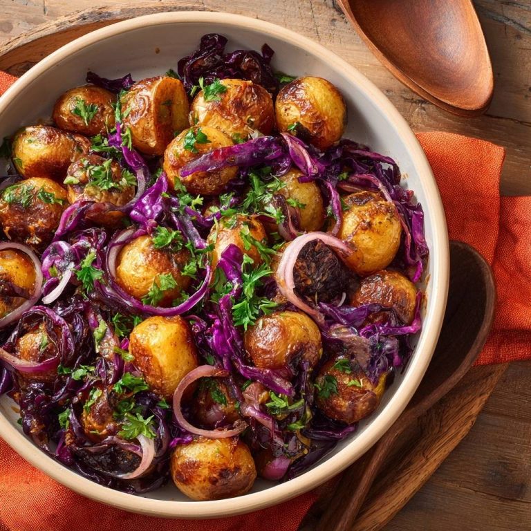 Knusprige Babykartoffeln mit Rotkohl und Zwiebeln als Nahaufnahme in einer Schüssel, garniert mit Petersilie.