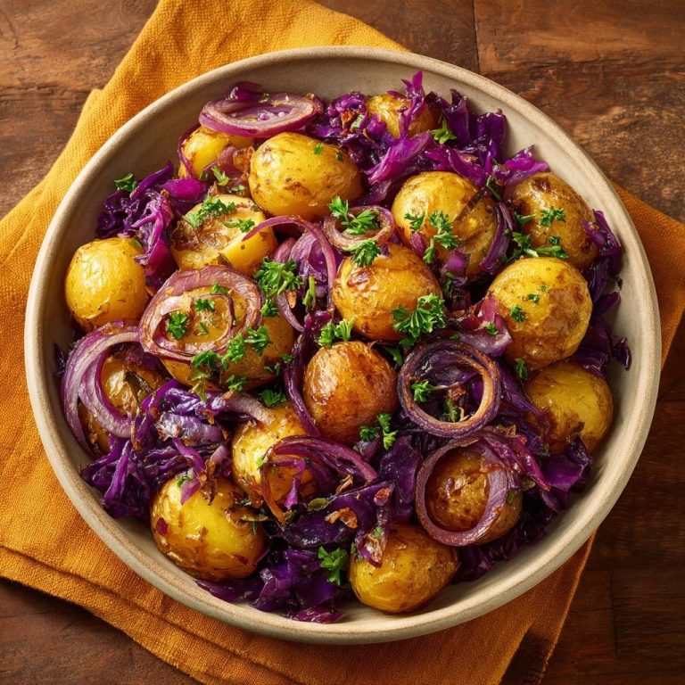 Knusprige Babykartoffeln mit Rotkohl und Zwiebeln als herzhaftes Gericht in einer Schüssel, von oben fotografiert.