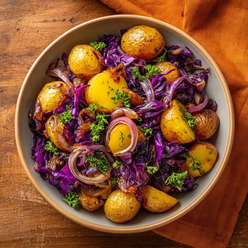 Knusprige Babykartoffeln mit Rotkohl und Zwiebeln, eine Nahaufnahme der servierten Schüssel aus der Vogelperspektive.
