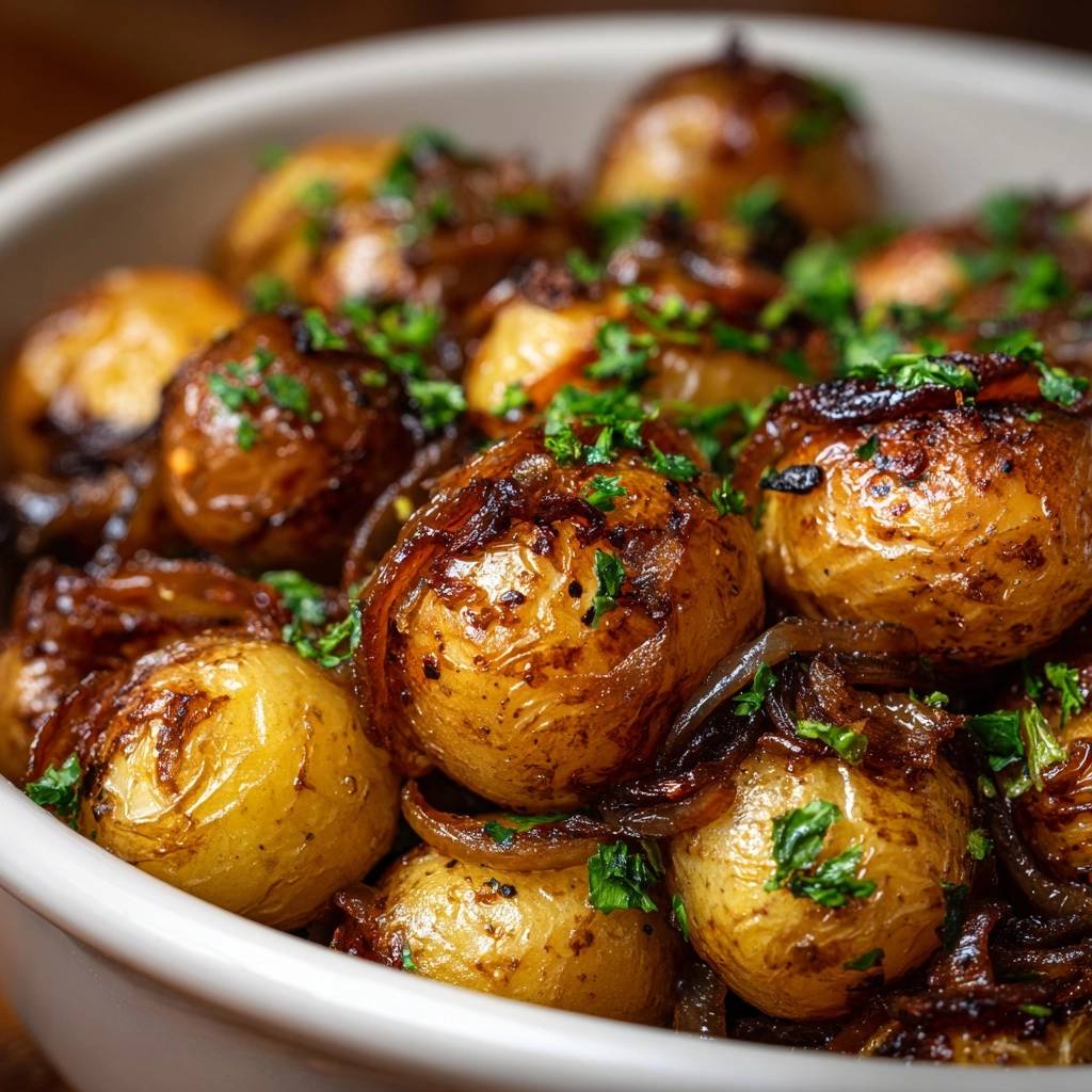 Knusprige Babykartoffeln mit Zwiebeln, nahaufnahme der goldbraunen Kartoffeln mit frischer Petersilie garniert.