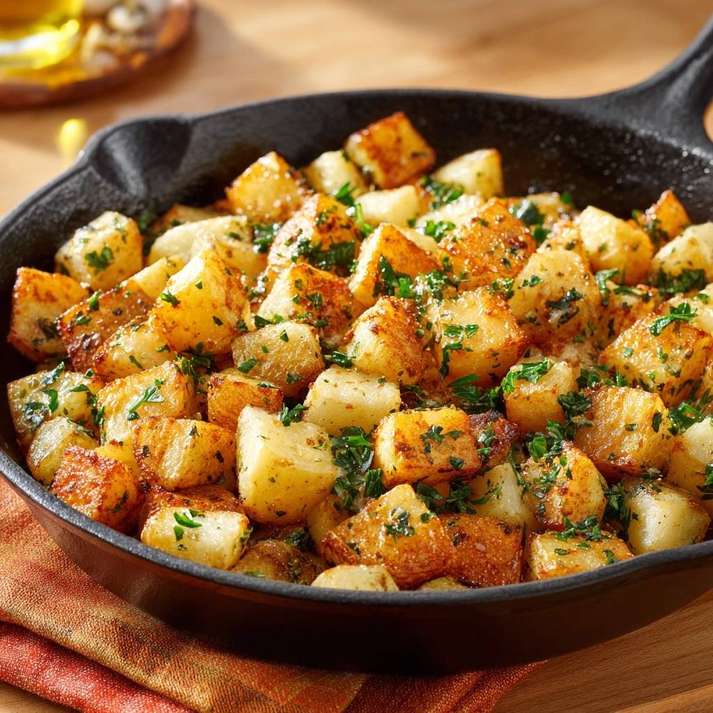 Knusprige Bratkartoffeln, frisch aus der Pfanne und mit viel gehackter Petersilie garniert, in einer schwarzen Gusseisenpfanne.