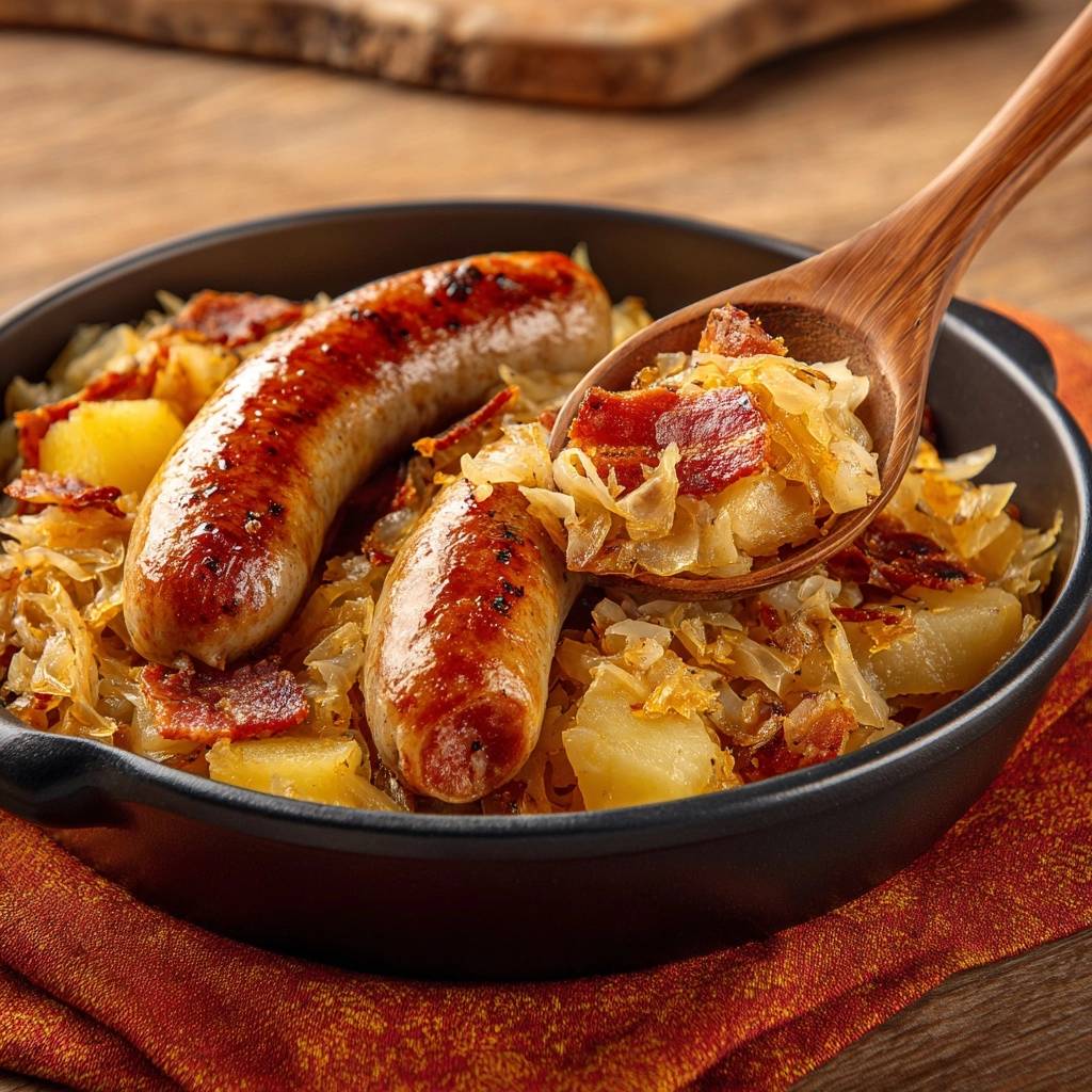 Knusprige Bratwurst-Pfanne mit Kraut und Kartoffeln, eine Holzgabel hebt eine Portion mit Speck hervor.