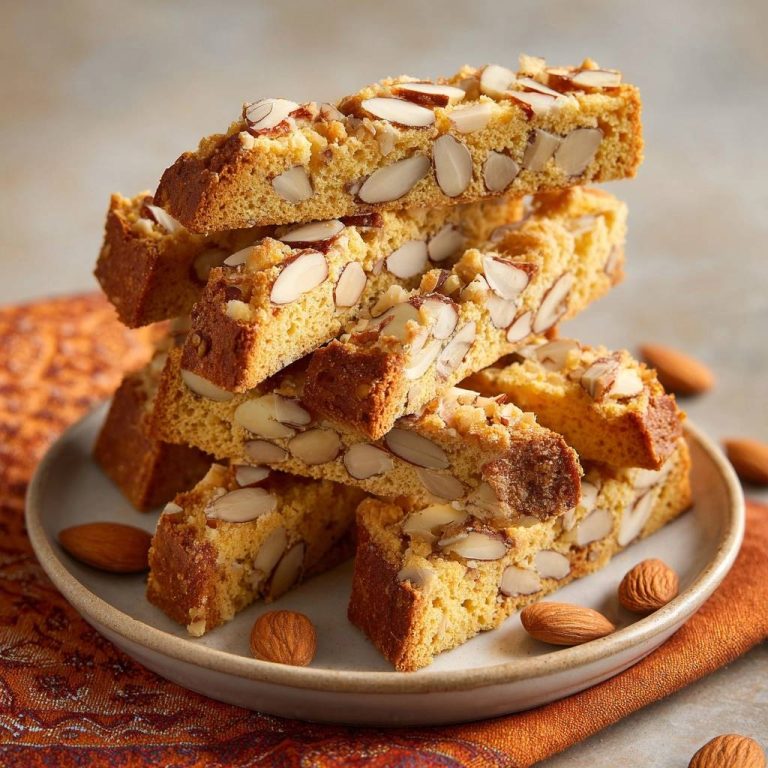 Knusprige Cantuccini mit Mandeln, gestapelt auf einem Teller, mit ganzen Mandeln und einem orangefarbenen Tuch im Hintergrund.