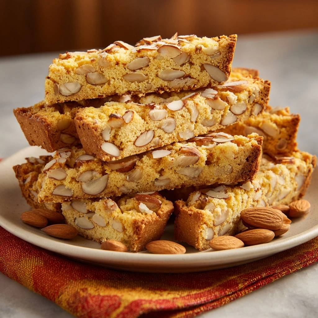 Knusprige Cantuccini mit Mandeln als Stapel nah aufgenommen auf einem Teller mit ganzen Mandeln daneben.