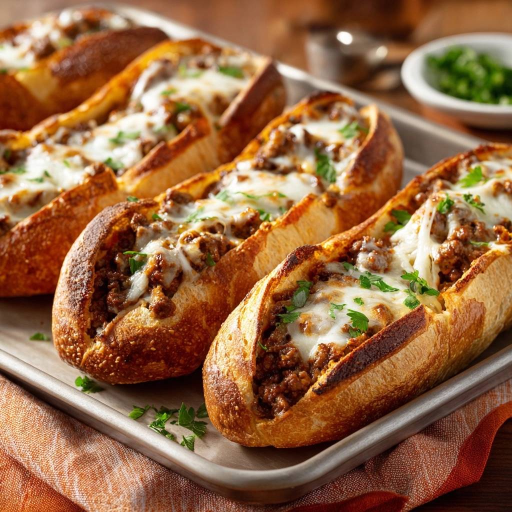 Knusprige Hack-Baguettes mit Käsezug, innen mit Hackfleisch und geschmolzenem Käse gefüllt, auf einem Blech serviert.