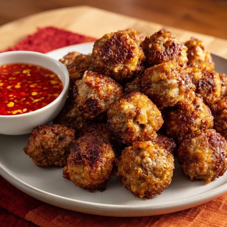 Knusprige Hackbällchen mit scharfer Chilisauce, eine Nahaufnahme mit einer Schüssel der roten Sauce daneben auf einem Teller.