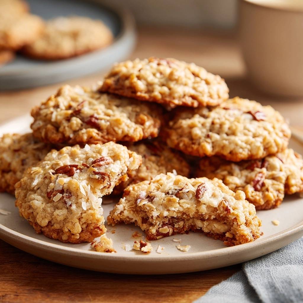 Knusprige Hafer-Pekan-Kokos-Cookies, angeschnitten auf einem Teller, zeigen die Textur mit Pekannüssen und Kokosraspeln.