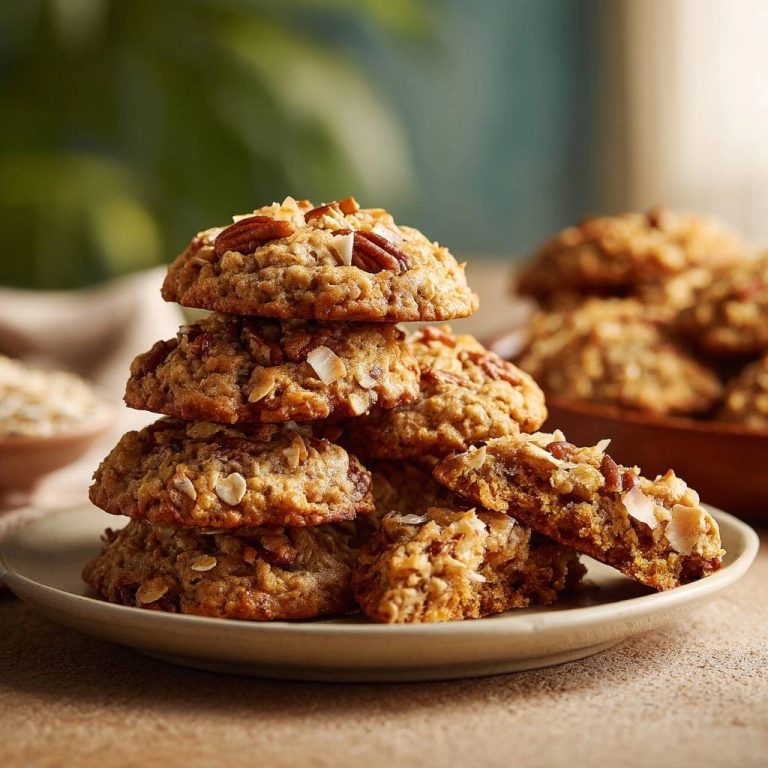 Knusprige Hafer-Pekan-Kokos-Cookies gestapelt auf einem Teller, mit einem angeschnittenen Cookie, das die saftige Innenseite zeigt.
