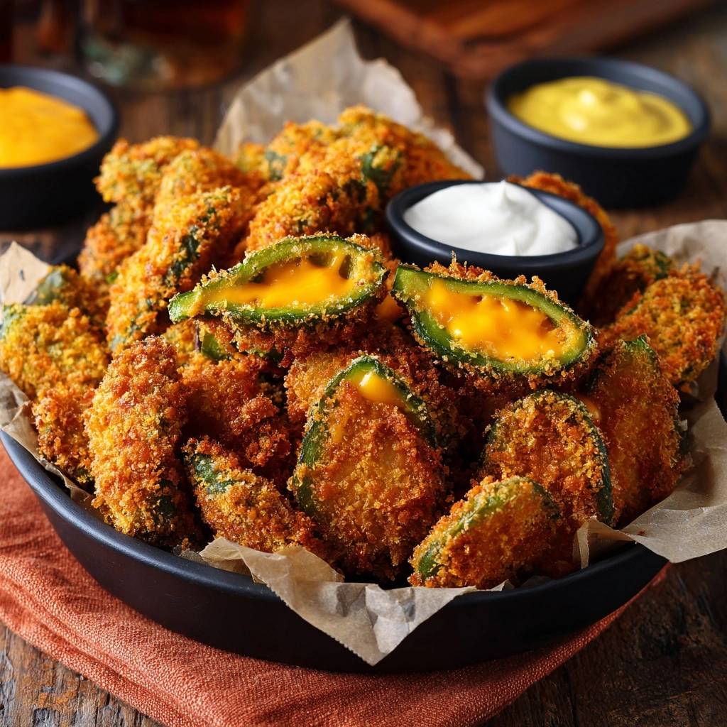 Knusprige Jalapeño Poppers – Rezept ohne auslaufenden Käse, angeschnitten, mit geschmolzenem Käse im Inneren und Dippsaucen.