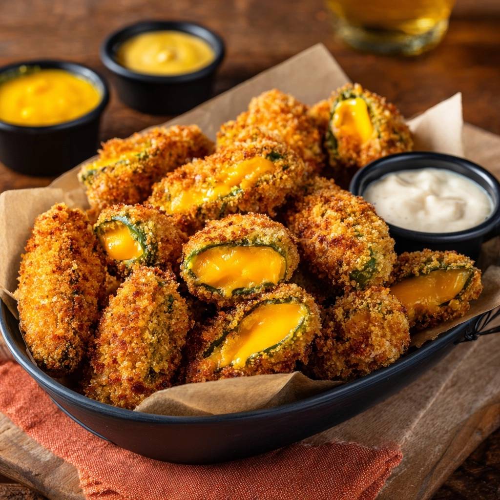 Knusprige Jalapeño Poppers mit geschmolzenem Käse im Inneren, nahaufnahme des Anschnitts mit Dip