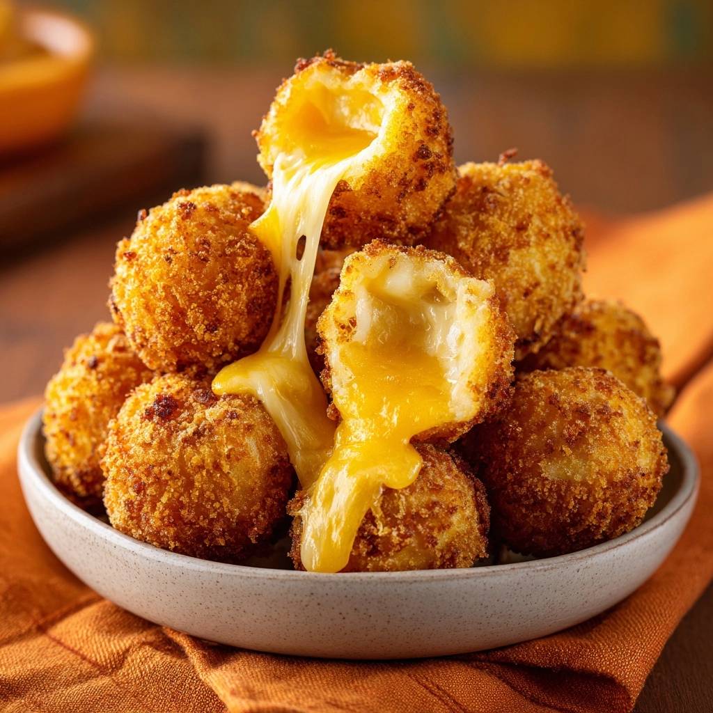 Knusprige Käse-Bällchen angeschnitten, mit flüssigem Käse, der aus den Bällchen fließt, in einer Schüssel serviert.