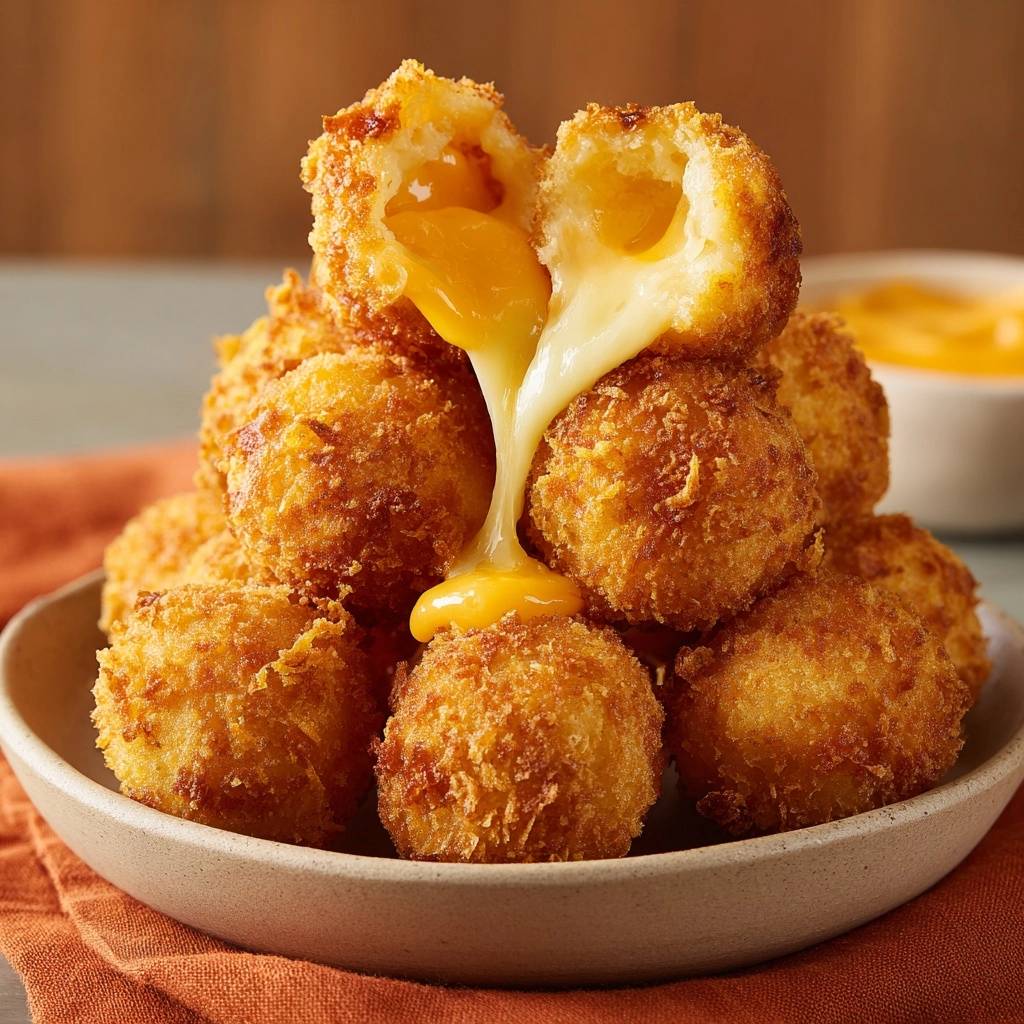Knusprige Käse-Bällchen mit geschmolzenem Käse im Inneren, die aus einem angeschnittenen Bällchen fließen.