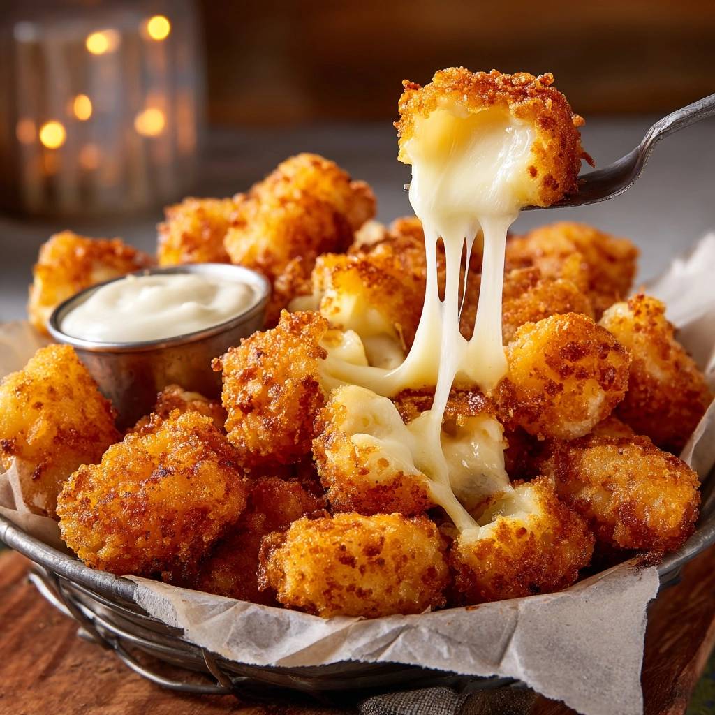 Knusprige Käse-gefüllte Kartoffelnuggets mit einem Stück, das sich auf einer Gabel befindet und geschmolzenen Käse zieht.
