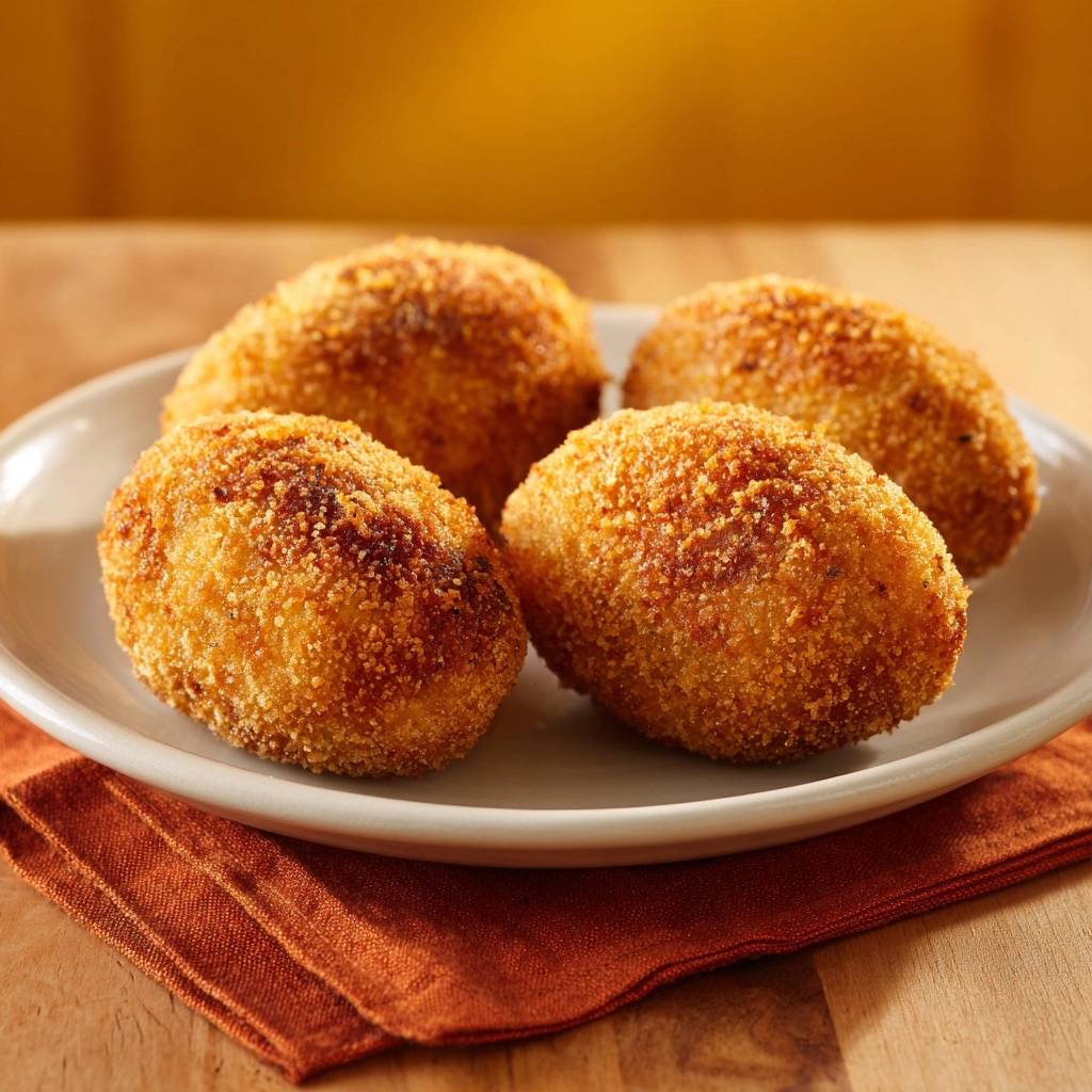 Knusprige Kartoffelkroketten sind auf einem Teller mit einer Serviette angerichtet und zeigen ihre goldbraune Panade.