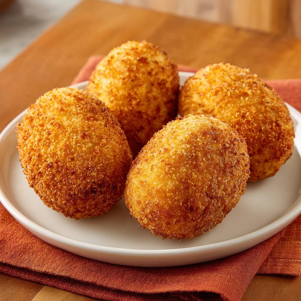 Knusprige Kartoffelkroketten werden auf einem weißen Teller mit einem orangefarbenen Tuch serviert, Nahaufnahme.