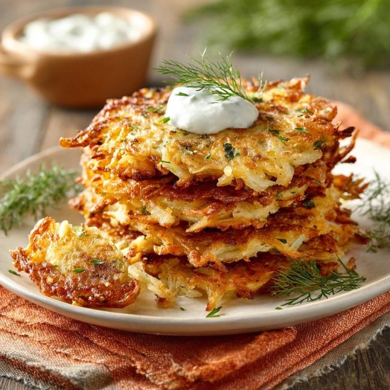 Knusprige Kartoffelpuffer mit Dill-Sahne, garniert mit frischem Dill und serviert auf einem Teller.