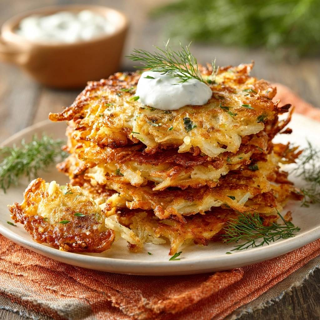 Knusprige Kartoffelpuffer mit Dill-Sahne, garniert mit frischem Dill und serviert auf einem Teller.